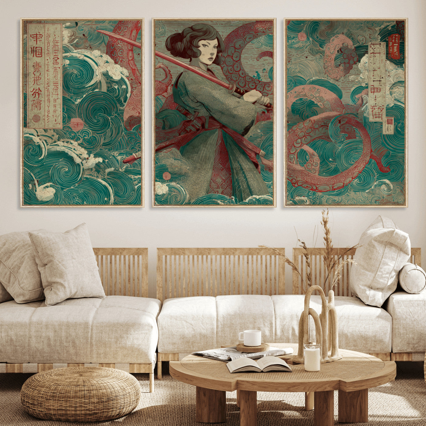 91666601-MGV-FC-60X30-3P_Natural-Samurai Woman vs Octopus Wall Art – Japanese Ukiyo-e Green Robe Canvas Print, Ocean Battle Artwork for Living Room, Office, Man