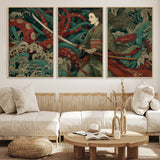 18902796-MGV-FC-60X30-3P_Natural-Samurai Woman vs Octopus Wall Art – Japanese Ukiyo-e Green Kimono Canvas Print, Ocean Battle Scene Artwork for Living Room,