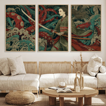 18902796-MGV-FC-60X30-3P_Natural-Samurai Woman vs Octopus Wall Art – Japanese Ukiyo-e Green Kimono Canvas Print, Ocean Battle Scene Artwork for Living Room,
