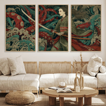 18902796-MGV-FC-60X30-3P_Natural-Samurai Woman vs Octopus Wall Art – Japanese Ukiyo-e Green Kimono Canvas Print, Ocean Battle Scene Artwork for Living Room,