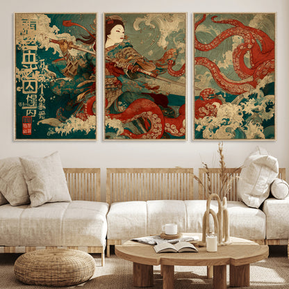 60201267-MGV-FC-60X30-3P_Natural-Samurai Woman vs Octopus Wall Art – Japanese Ukiyo-e Armor Canvas Print, Red Tentacle Ocean Battle Artwork for Living Room,