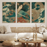 79740258-MGV-CV-36X24-Tsukioka Yoshitoshi Samurai Wall Art Print, Japanese Katana Warrior Canvas Wall Art, Octopus Sea Monster Canvas Print,