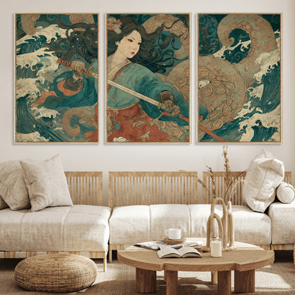 79740258-MGV-CV-36X24-Tsukioka Yoshitoshi Samurai Wall Art Print, Japanese Katana Warrior Canvas Wall Art, Octopus Sea Monster Canvas Print,