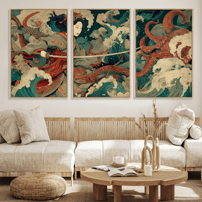 30212982-MGV-FC-60X30-3P_Natural-Samurai Woman vs Octopus Wall Art – Japanese Ukiyo-e Style Warrior and Sea Monster Canvas Print, Mythology Inspired Artwork for