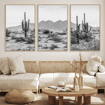 97436PHN-MGV-CV-36X24-Desert Landscape Wall Art – Black and White Cactus and Mountain Canvas Print, Southwestern Nature Photography for Living Room,