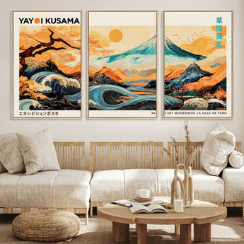 94085549-MGV-CV-36X24-Yayoi Kusama Inspired Japanese Landscape Art Print – Vibrant Mount Fuji, Waves & Autumn Trees, Modern Decorative Poster for
