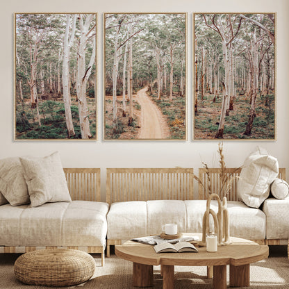 24760563-MGV-FC-60X30-3P_Natural-Forest Wall Art – Tranquil Woodland Path Canvas Print, Scenic Nature Photography Decor for Bedroom, Living Room, Office, Cabin or