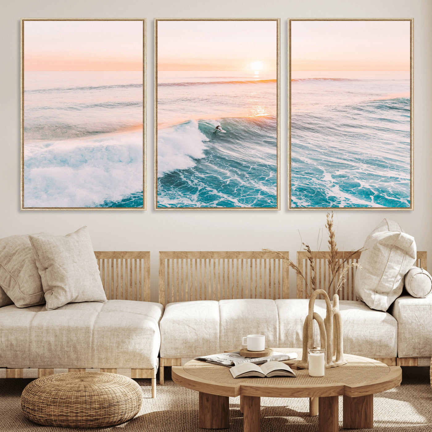 34064591-MGV-CV-36X24-Surfing Wall Art – Sunset Ocean Wave Canvas Print, Surfer Riding Sea Photography Decor for Bedroom, Living Room, Office, Coastal