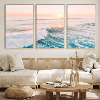 34064591-MGV-CV-36X24-Surfing Wall Art – Sunset Ocean Wave Canvas Print, Surfer Riding Sea Photography Decor for Bedroom, Living Room, Office, Coastal