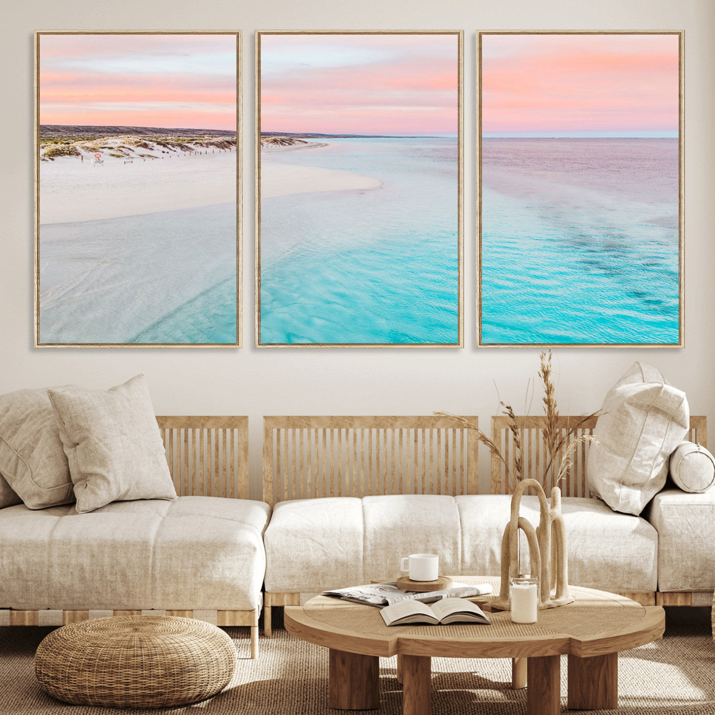 41613614-MGV-FC-60X30-3P_Natural-Beach Sunset Wall Art – Pastel Ocean Canvas Print, Turquoise Water and Pink Sky Photography Decor for Bedroom, Living Room, Office