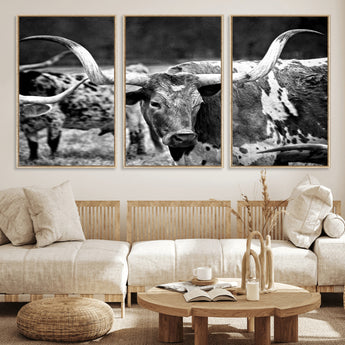 15425553-MGV-CV-36X24-Western Wall Art – Longhorn Cattle Black and White Canvas Print, Rustic Ranch Photography Decor for Bedroom, Living Room, Office,