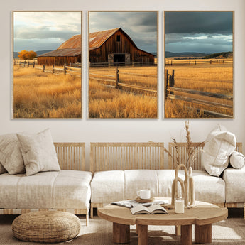16480179-MGV-FC-60X30-3P_Natural-Farmhouse Wall Art – Rustic Barn and Golden Field Canvas Print, Country Landscape Photography Decor for Bedroom, Living Room,