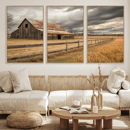 21991117-MGV-CV-36X24-Rustic Barn Wall Art – Weathered Farmhouse Canvas Print, Stormy Sky and Golden Field Photography Decor for Bedroom, Living Room,