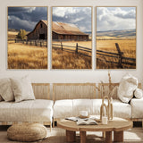23718739-MGV-FC-60X30-3P_Natural-Farmhouse Wall Art – Rustic Barn and Golden Wheat Field Canvas Print, Country Landscape Photography Decor for Bedroom, Living