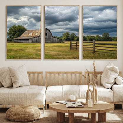 39409517-MGV-FC-60X30-3P_Natural-Rustic Barn Wall Art – Weathered Farmhouse and Storm Clouds Canvas Print, Country Landscape Photography Decor for Bedroom, Living