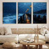 48300530-MGV-CV-36X24-Dark Stormy Pier Canvas Wall Art – Moody Ocean Night Scene with Street Lamps, Blue Coastal Seascape Print for Bedroom, Office, or