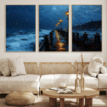 48300530-MGV-FC-60X30-3P_Natural-Night Pier Wall Art – Moody Ocean Boardwalk Canvas Print, Impressionist Coastal Seascape Painting Decor for Living Room, Office,