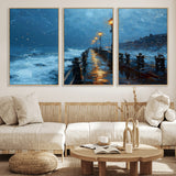 93793246-MGV-FC-60X30-3P_Natural-Stormy Night Pier Canvas Wall Art – Moody Ocean Landscape with Lights, Blue Coastal Seascape Print for Bedroom, Living Room,