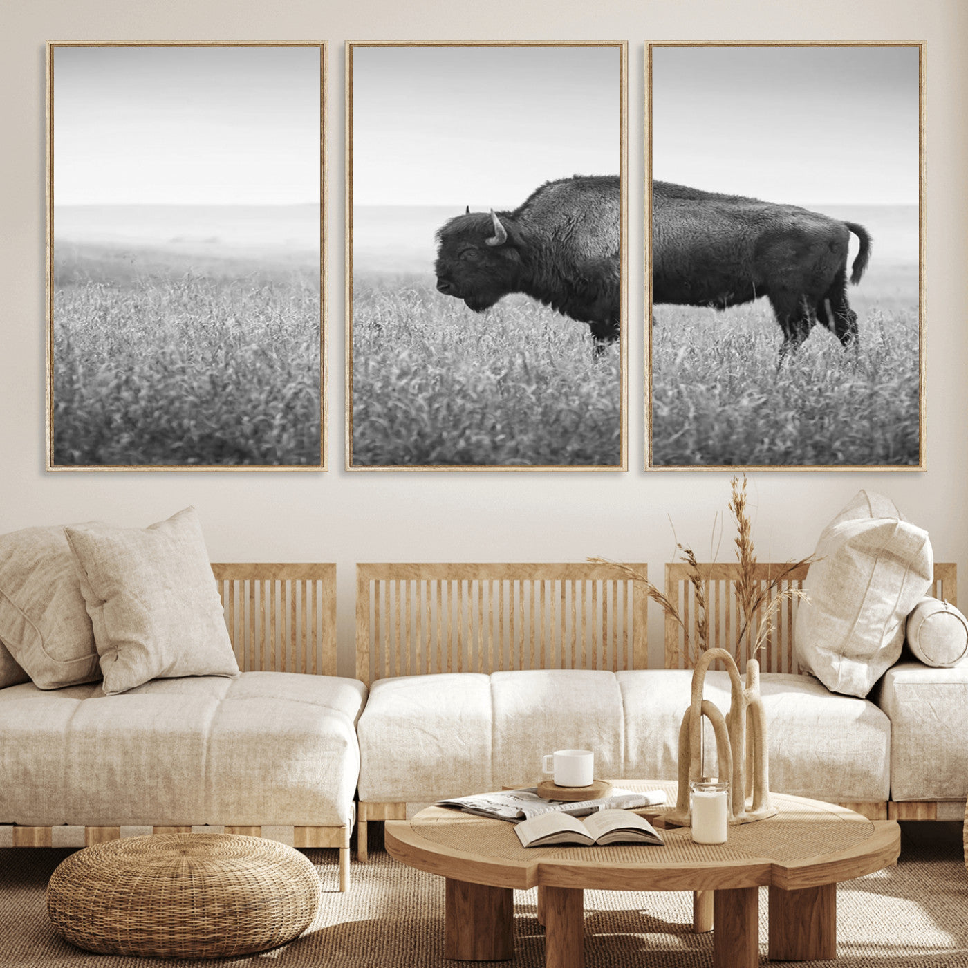 90861202-MGV-FC-60X30-3P_Natural-Black and White Bison Canvas Wall Art – Rustic American Buffalo Print, Western Wildlife Photography for Farmhouse, Cabin, Office