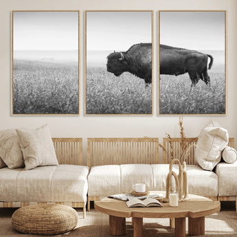 90861202-MGV-FC-60X30-3P_Natural-Black and White Bison Canvas Wall Art – Rustic American Buffalo Print, Western Wildlife Photography for Farmhouse, Cabin, Office