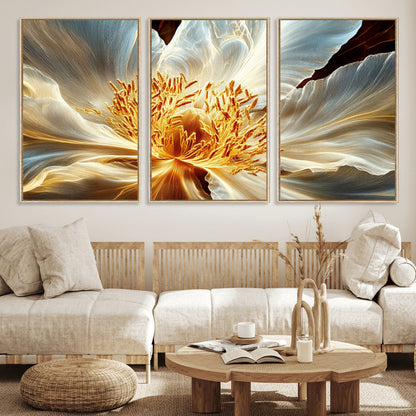 20862576-MGV-FC-60X30-3P_Natural-Golden Abstract Flower Canvas Wall Art – Modern Botanical Bloom Print, Elegant Floral Artwork for Living Room, Bedroom, Office