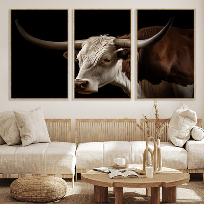 27414857-MGV-CV-36X24-Texas Longhorn Bull Canvas Wall Art – Rustic Western Farmhouse Decor, Brown & White Cow Portrait, Animal Print for Ranch Home