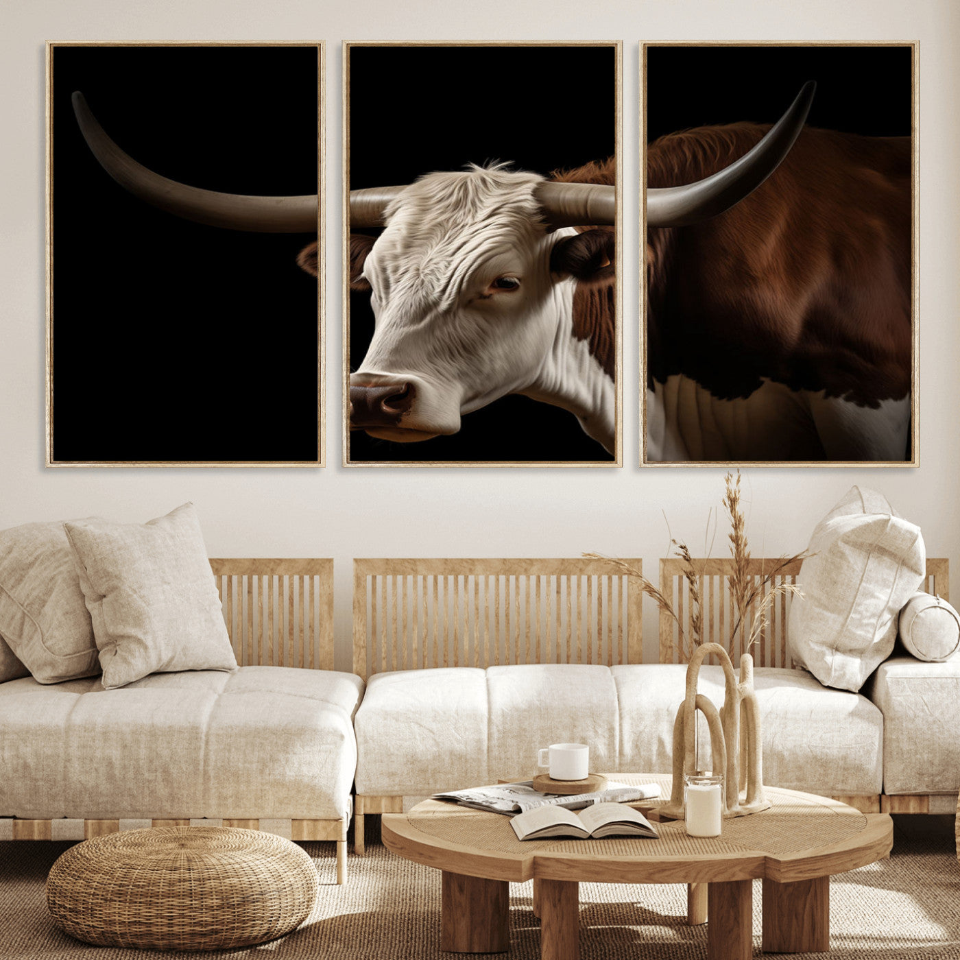 27414857-MGV-CV-36X24-Longhorn Bull Wall Art – Dramatic Western Steer Portrait Canvas Print, Rustic Farmhouse Animal Decor for Living Room, Office, or