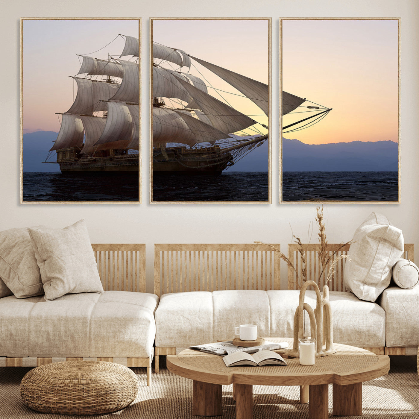 99957679-MGV-FC-60X30-3P_Natural-Majestic Sailing Ship Wall Art – Sunset Ocean Voyage, Classic Tall Ship with Wind Filled Sails Canvas Print for Home, Office,