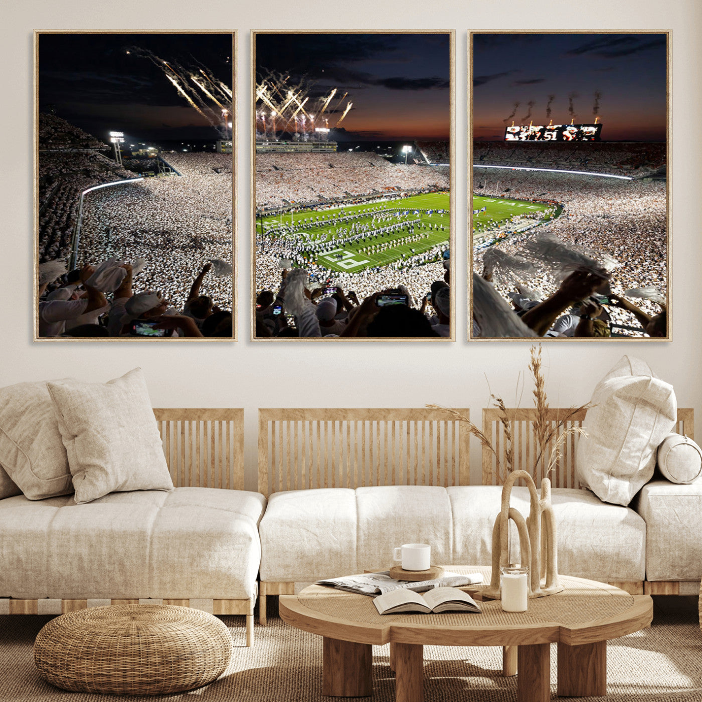 11221988-MGV-CV-36X24-Football Stadium Wall Art – Game Day Crowd with Fireworks, Sports Fan Photography Print, Stadium Decor for Man Cave, Bar, or