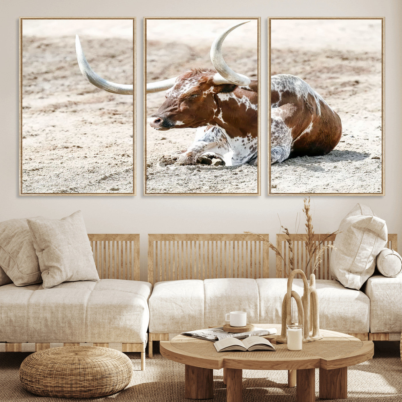 89096667-MGV-CV-36X24-Texas Longhorn Wall Art – Rustic Western Canvas Print, Cattle Photography Decor for Ranch House, Living Room, Office, Man Cave