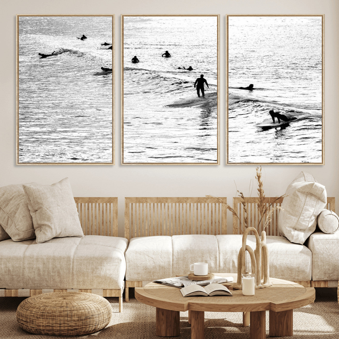 68018616-MGV-FC-60X30-3P_Natural-Black and White Surf Photography Print – Minimalist Ocean Wall Art, Surfers Riding Waves, Coastal Beach Decor for Modern Home or