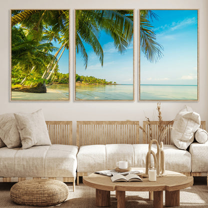 65056721-MGV-FC-60X30-3P_Natural-Tropical Beach Wall Art – Palm Tree Coastal Photography Print, Relaxing Ocean Paradise Landscape, Island Seascape Home or Office