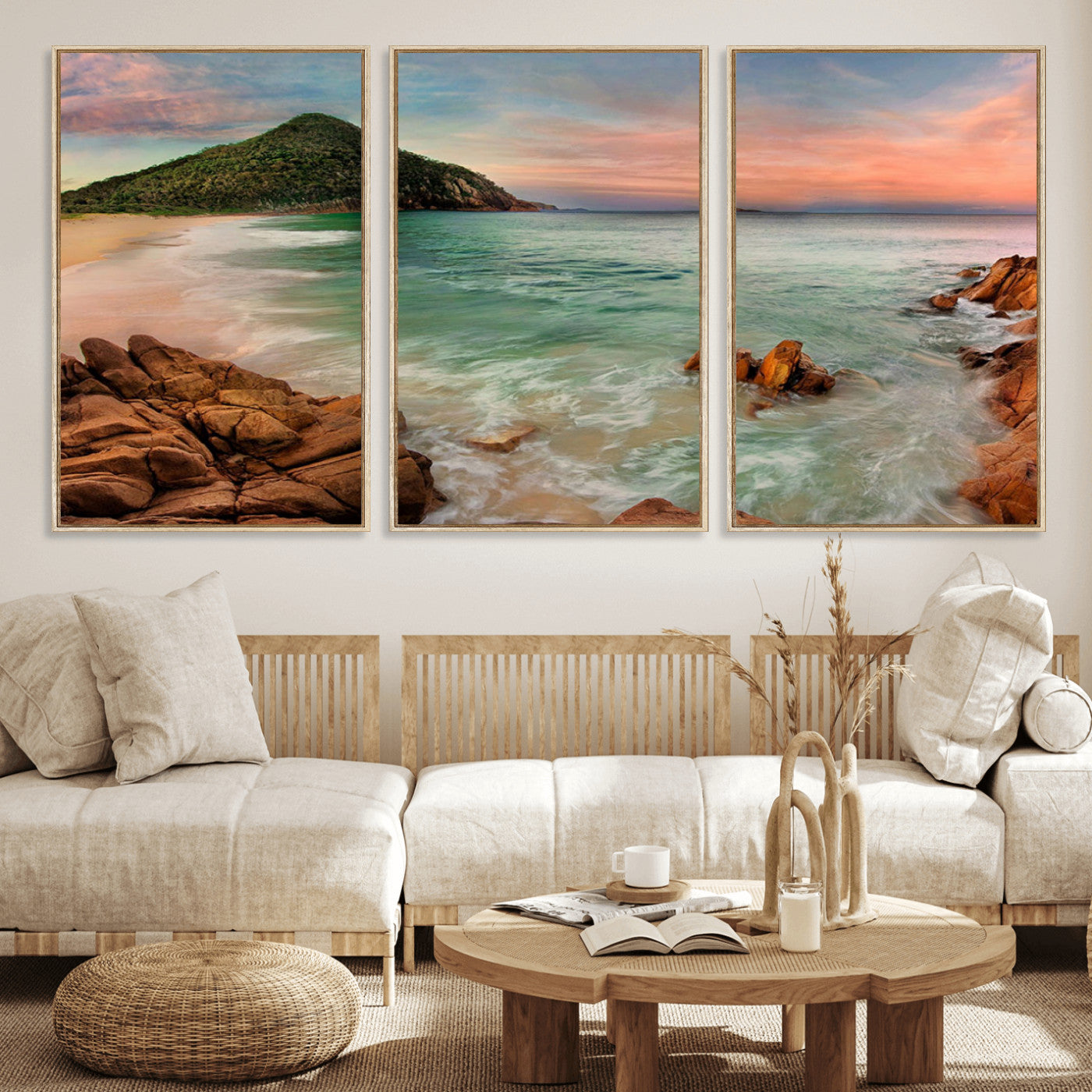 53831025-MGV-FC-60X30-3P_Natural-Coastal Landscape Wall Art – Tropical Beach Ocean Canvas Print, Sunset Mountain View Photography Decor for Living Room, Bedroom,