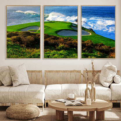 34181847-MGV-FC-60X30-3P_Natural-Coastal Golf Course Wall Art – Panoramic Ocean Fairway Canvas Print, Scenic Sports Photography Decor for Office, Man Cave, Living