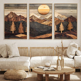 90044381-MGV-FC-60X30-3P_Natural-Rustic Wall Art – Wooden Mountain Landscape with Sun and Pine Trees, Handcrafted Nature Canvas Style Decor for Bedroom, Living