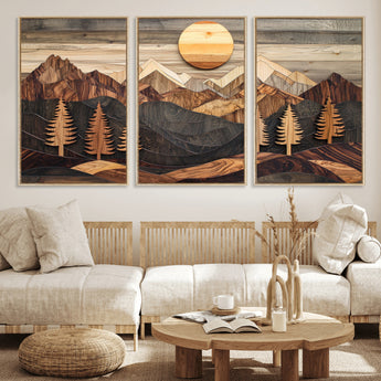 90044381-MGV-FC-60X30-3P_Natural-Rustic Wall Art – Wooden Mountain Landscape with Sun and Pine Trees, Handcrafted Nature Canvas Style Decor for Bedroom, Living