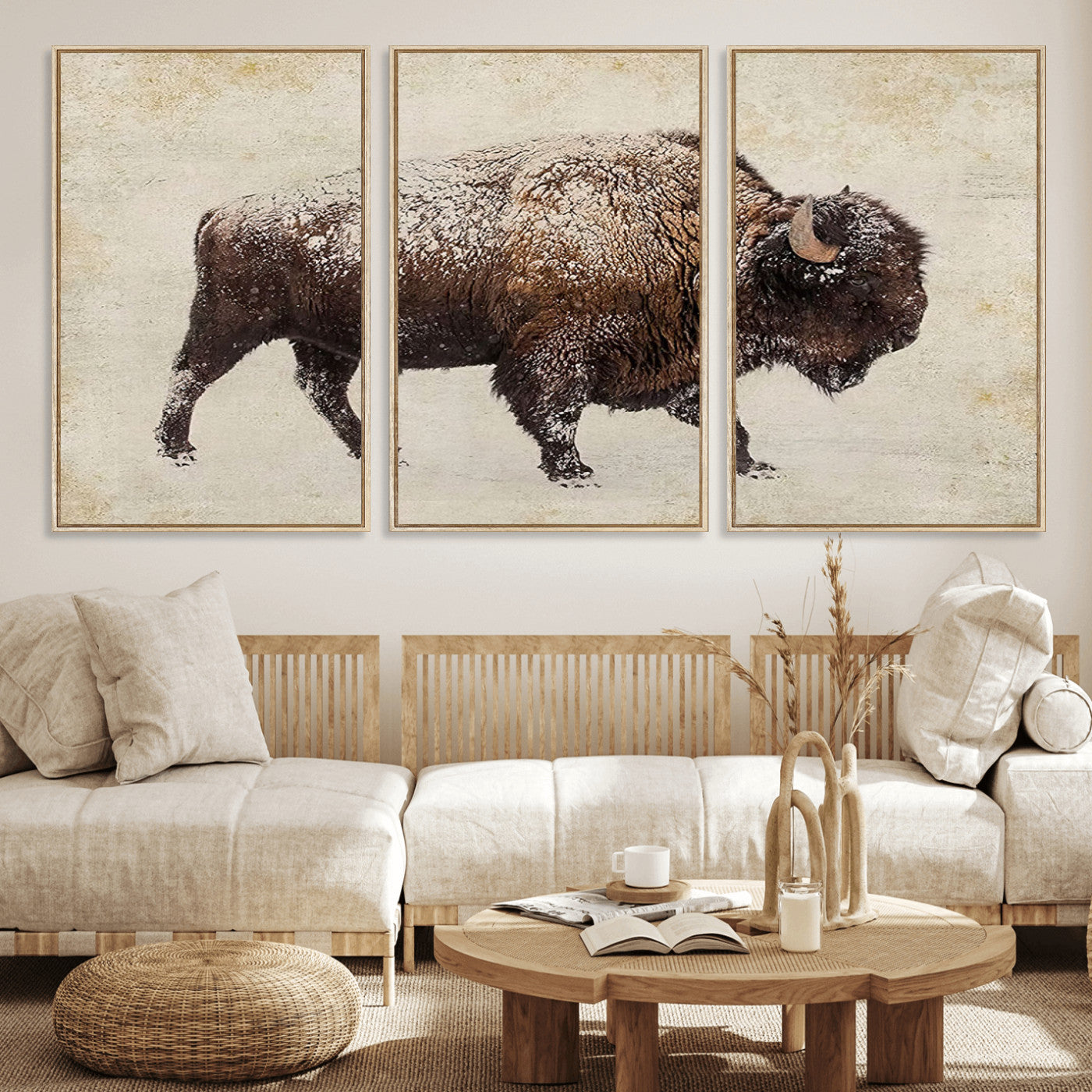54810031-MGV-FC-60X30-3P_Natural-Western Wall Art – Snow Covered Bison Canvas Print, Rustic Wildlife Photography Decor for Bedroom, Living Room, Office, Lodge,