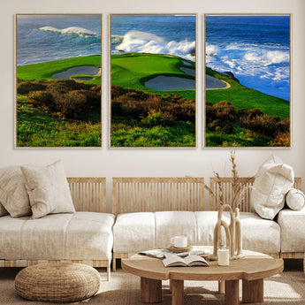 13644055-MGV-FC-60X30-3P_Natural-Golf Wall Art – Oceanfront Green Canvas Print, Scenic Coastal Course Photography Decor for Bedroom, Living Room, Office, Sports