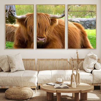 68411138-MGV-FC-60X30-3P_Natural-Farmhouse Wall Art – Highland Cow Canvas Print, Rustic Country Cattle Photography Decor for Bedroom, Living Room, Office, Ranch,