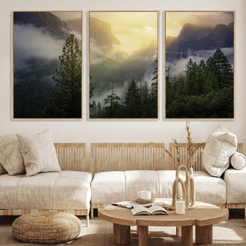 38316884-MGV-FC-60X30-3P_Natural-Landscape Wall Art – Misty Mountain Valley Canvas Print, Scenic Pine Forest and Sunrise Photography Decor for Bedroom, Living