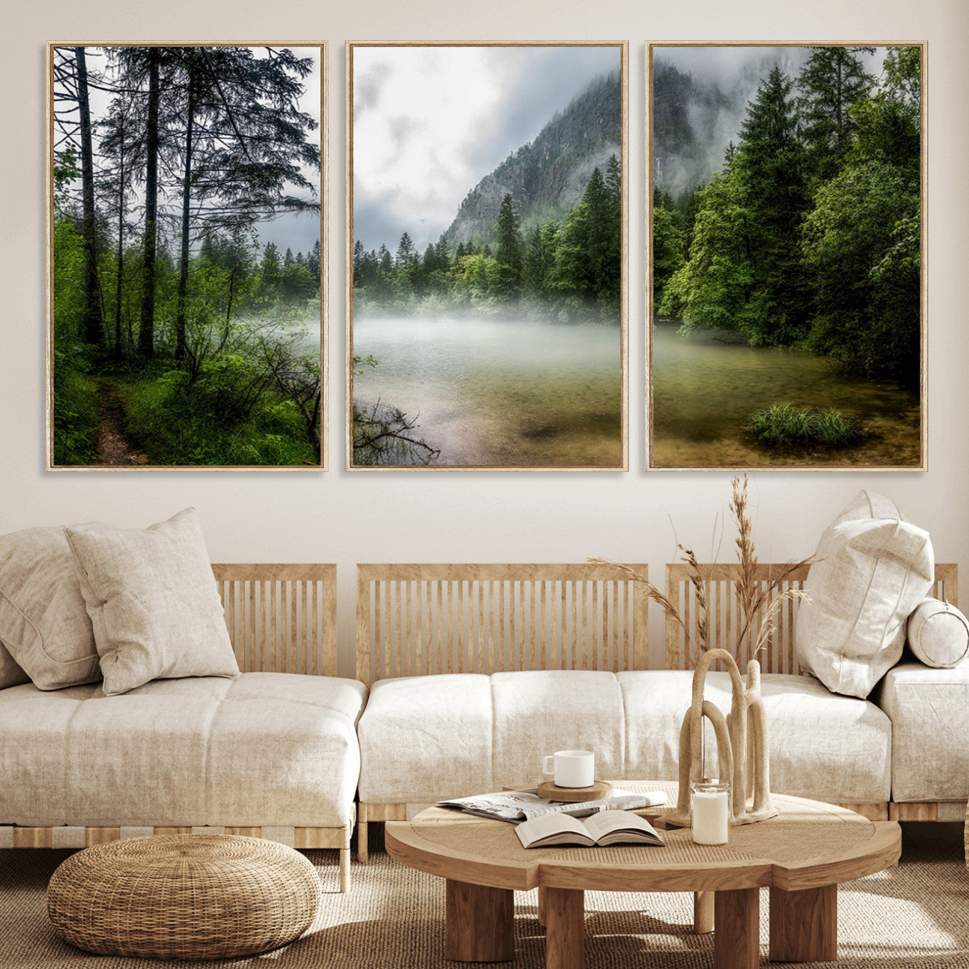 93123937-MGV-FC-60X30-3P_Natural-Landscape Wall Art – Misty Mountain Lake Canvas Print, Tranquil Forest and Waterfall Photography Decor for Bedroom, Living Room,