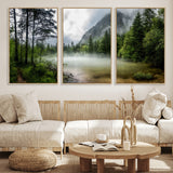 93123937-MGV-FC-60X30-3P_Natural-Landscape Wall Art – Misty Mountain Lake Canvas Print, Tranquil Forest and Waterfall Photography Decor for Bedroom, Living Room,