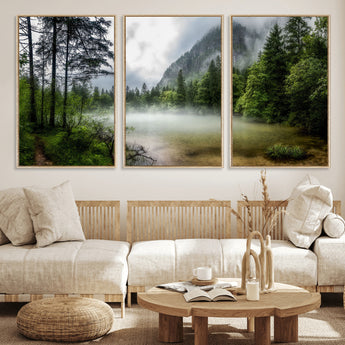 93123937-MGV-FC-60X30-3P_Natural-Landscape Wall Art – Misty Mountain Lake Canvas Print, Tranquil Forest and Waterfall Photography Decor for Bedroom, Living Room,