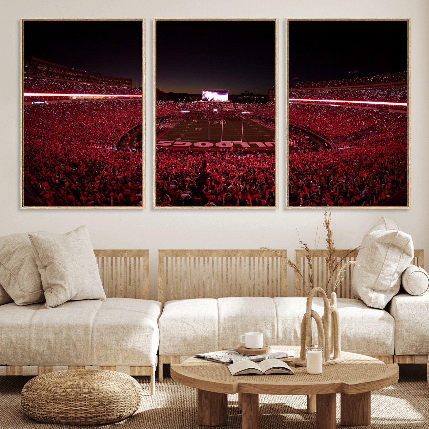 38331045-MGV-FC-60X30-3P_Natural-Sanford Stadium Wall Art – Georgia Bulldogs Football Red Night Game Canvas Print, Electric College Sports Decor for Man Cave or