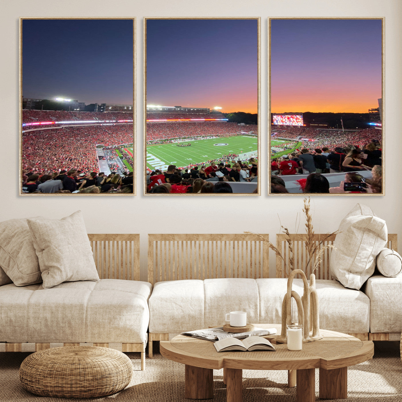 25139565-MGV-FC-60X30-3P_Natural-Sanford Stadium Wall Art – Georgia Bulldogs Football Sunset Panorama Canvas Print, College Game Day Decor for Man Cave, Bar, or