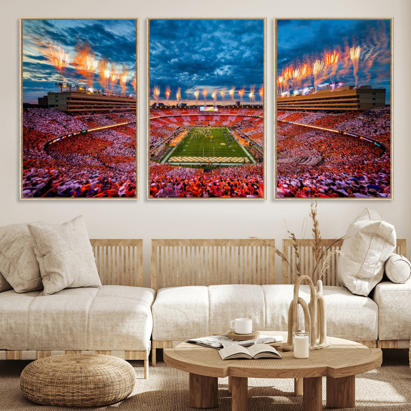 94266219-MGV-FC-60X30-3P_Natural-Neyland Stadium Wall Art – Tennessee Volunteers Checkerboard Game Day Canvas Print, College Football Fireworks Decor for Man Cave