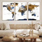 MGV-FC-60X30-3P - World Map Wall Art Canvas Print, Framed Blue Gold Map Art Picture Print, Rustic Atlas Perfect Rustic Modern Decor Artwork