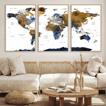 MGV-FC-60X30-3P - World Map Wall Art Canvas Print, Framed Blue Gold Map Art Picture Print, Rustic Atlas Perfect Rustic Modern Decor Artwork