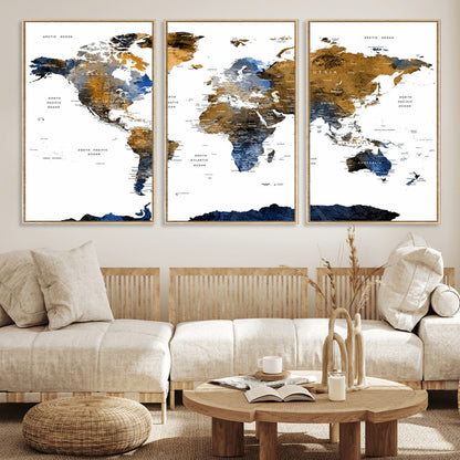MGV-FC-60X30-3P - World Map Wall Art Canvas Print, Framed Blue Gold Map Art Picture Print, Rustic Atlas Perfect Rustic Modern Decor Artwork