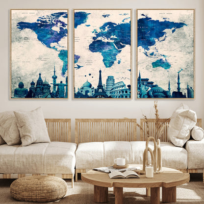 MGV-FC-60X30-3P - Blue World Map Wall Art Canvas Print, Framed Iconic Landmarks Art Picture Print, Blue Globe Map Perfect Elegant Explorer Decor Artwork